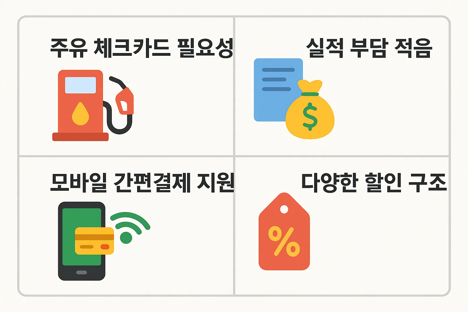 주유비 절약을 위한 체크카드의 필요성과 실적 부담, 간편결제 지원, 다양한 할인 구조를 정리한 인포그래픽