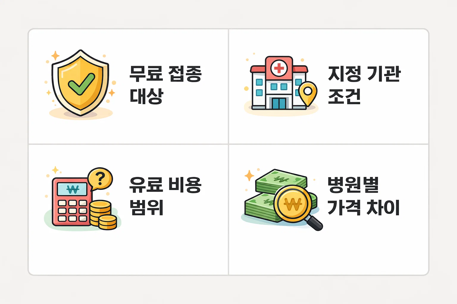 독감 예방접종 무료 대상&middot;지정 기관 조건&middot;유료 비용 범위&middot;병원별 가격 차이를 비교해 접종 시 유의할 점을 정리한 정보 이미지