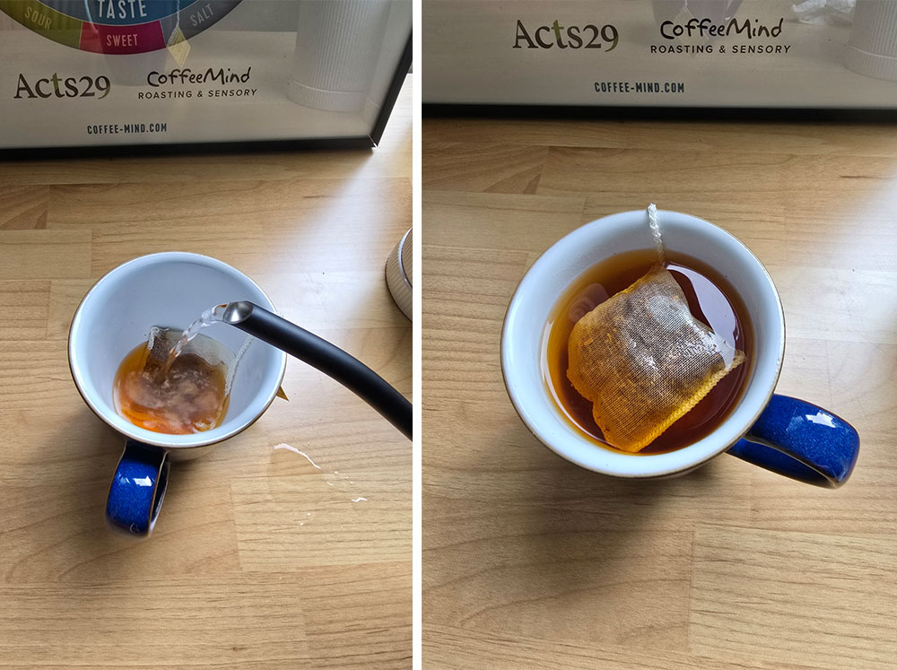 티백에 물 붓는 사진과 티백이 들어 있는 사진