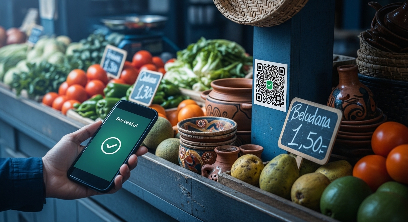 전통시장에서 스마트폰으로 QR 코드를 스캔하여 디지털 온누리상품권으로 결제하는 모습