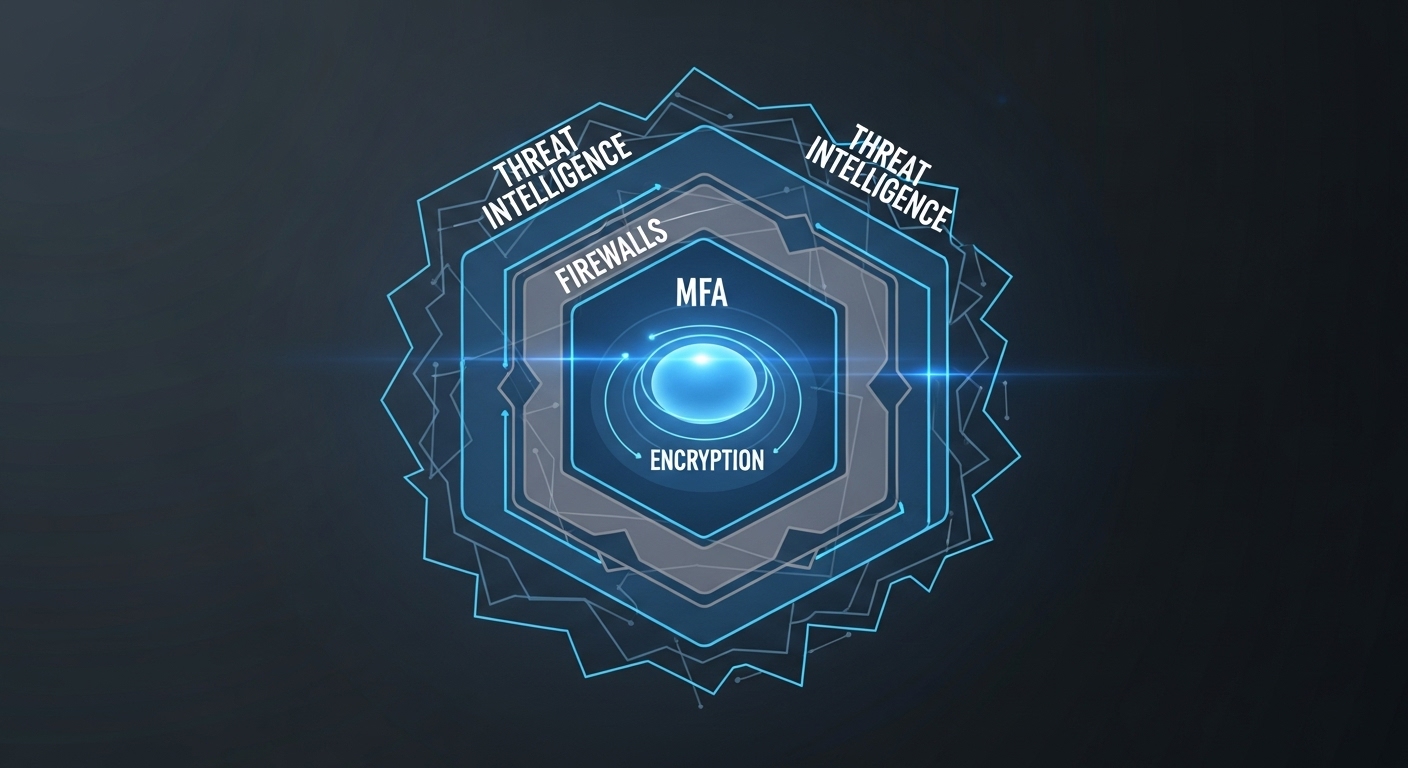 데이터 코어를 여러 겹의 보안 시스템이 보호하는 현대적인 인포그래픽. 기업의 다층적인 보안 전략을 시각화합니다.