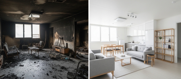 천안시 화재복구 작업 전후 모습 비교