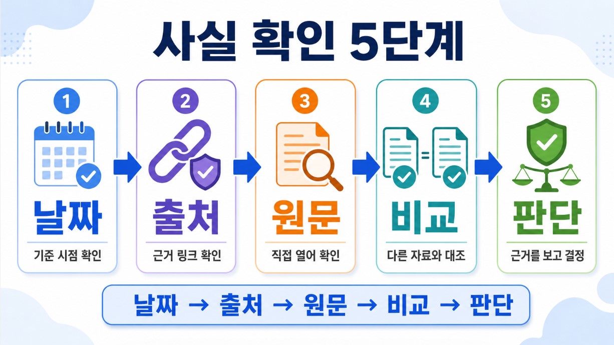 날짜 &rarr; 출처 &rarr; 원문 &rarr; 비교 &rarr; 판단 흐름도