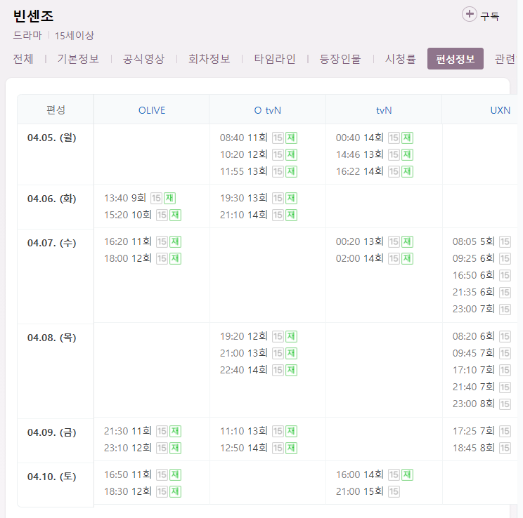 빈센조 14회 재방송 다시보기 편성표 방송시간 tvN 드라마 회차정보 방송시간 날짜