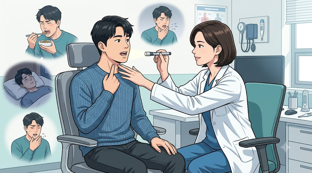 식사 중 음식이나 이물이 걸린 뒤 침도 삼키지 못하고 호흡곤란을 겪는 한국 성인 환자의 응급 의료 상황 및 외래 진료 장면