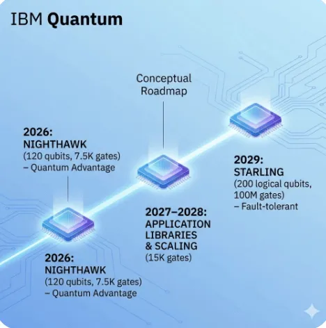 IBM 퀀텀 나이트호크: IBM 퀀텀의 2026년부터 2029년까지의 로드맵을 보여주는 이미지. Nighthawk의 양자 우위 검증부터 Starling의 내결함성 시스템까지의 단계별 발전 계획과 주요 이정표를 칩 아이콘과 타임라인으로 시각화했습니다. (IBM Quantum Roadmap 2026-2029&amp;#44; Nighthawk to Starling milestones)
