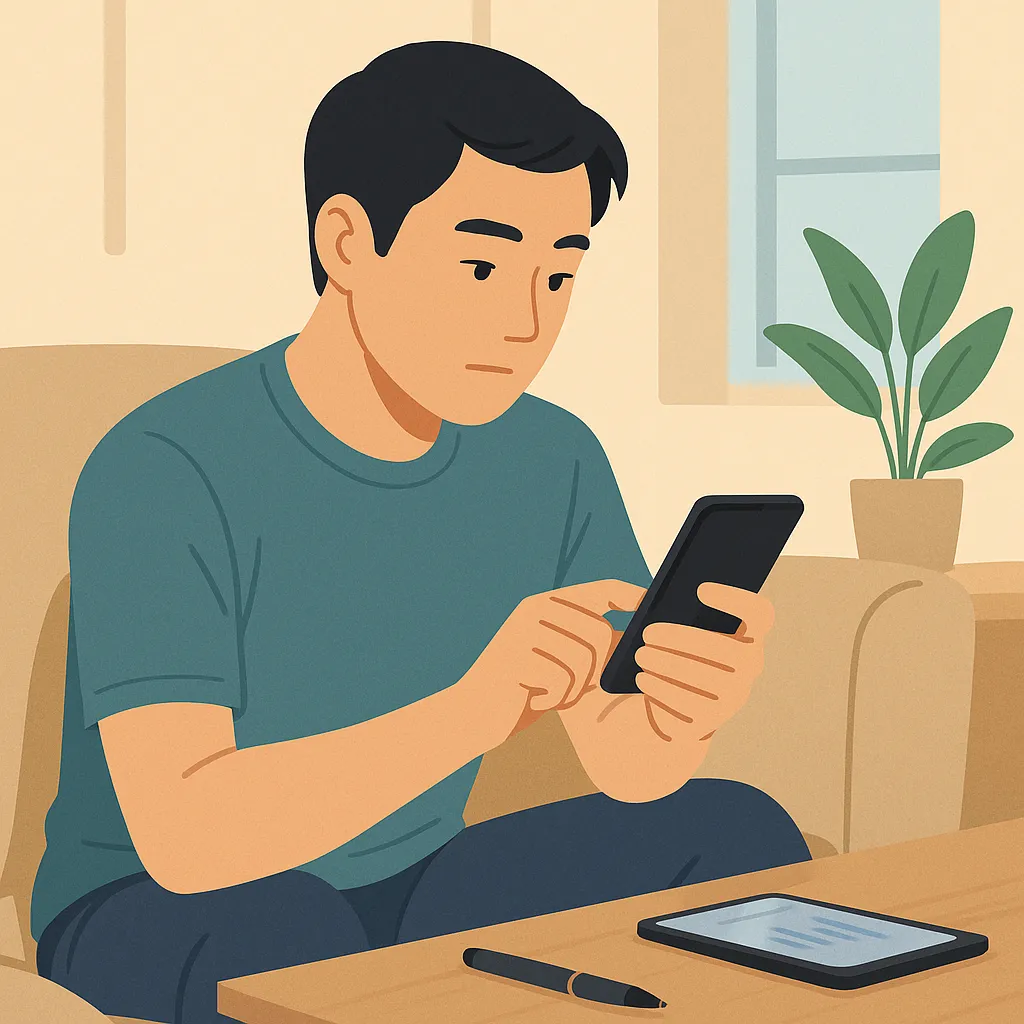 소파에 앉아 스마트폰으로 금융 정보를 확인하는 남성 일러스트