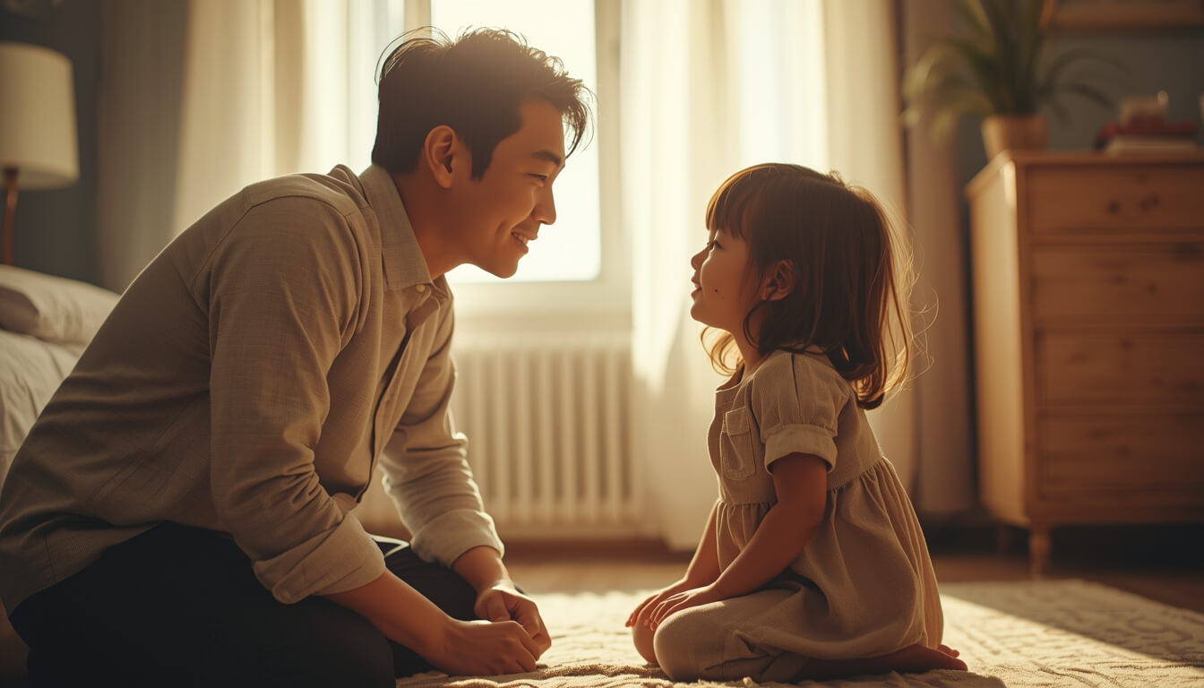 아이의 눈높이에 맞춰 스마트폰 사용에 대해 다정하게 대화하는 아빠
