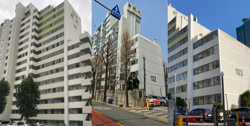 성수동 현대아파트 전경-도로 건너편에 103동이 위치하고 있는 모습을 보여줌