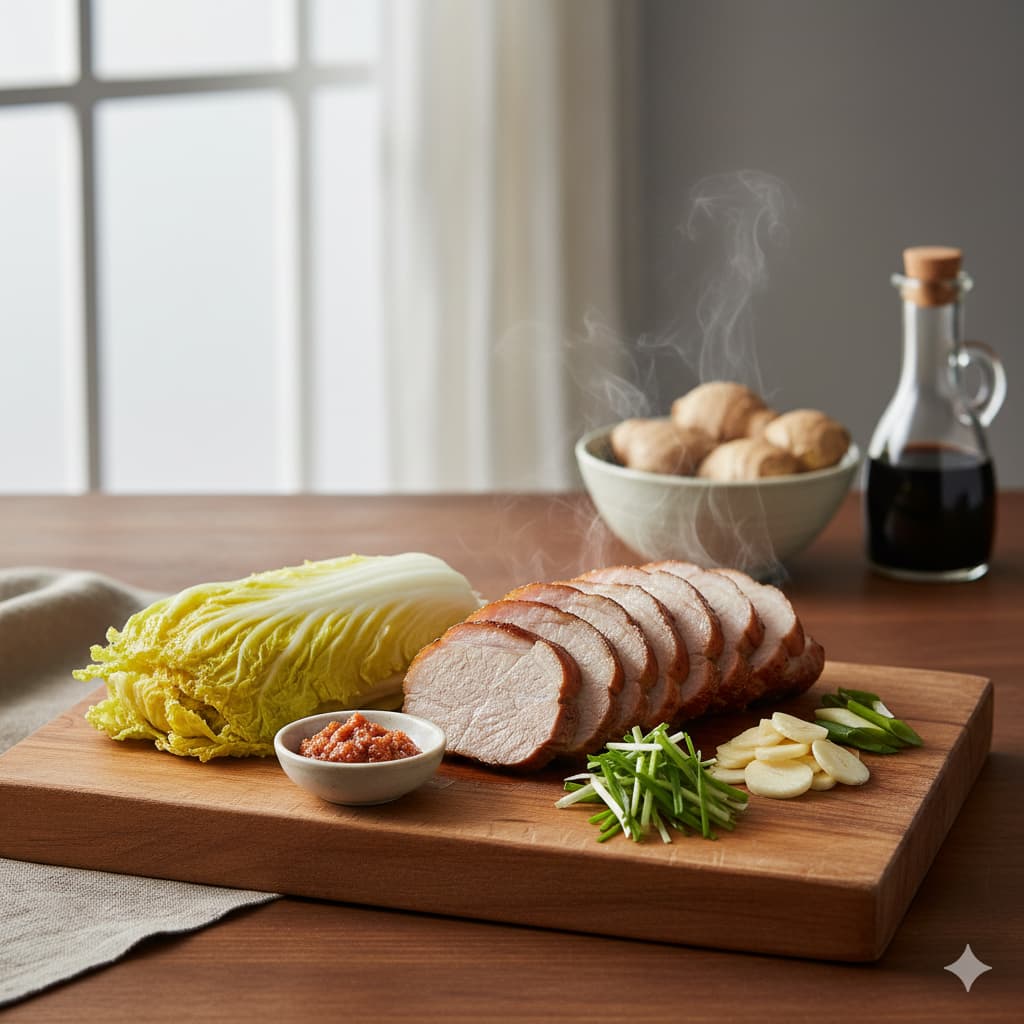 신선한 돼지고기 안심 부위와 건강한 보쌈 식단 이미지