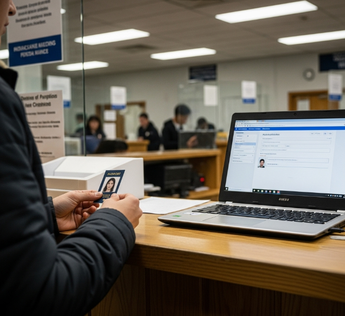 한쪽에는 온라인 신청 화면이 보이는 노트북, 다른 한쪽에는 여권 사진을 들고 관공서 창구에 서 있는 사람의 모습. 온라인과 오프라인의 대비를 보여준다