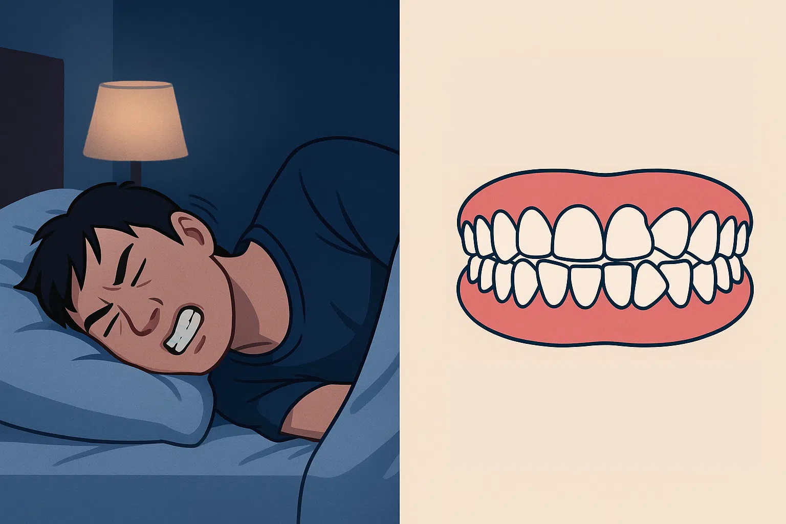 밤에 이를 갈고 있는 사람의 모습(수면 중 이갈이), 틀어진 치아 배열을 보여주는 치아 정렬
