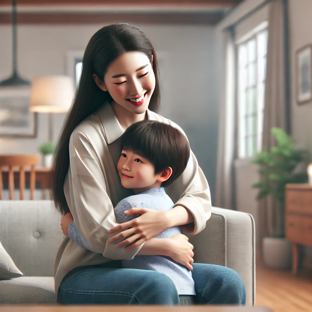 부모가 어려운 과제를 해낸 자녀를 거실에서 따뜻하게 안아주며 격려하는 장면. 부모는 미소 짓고&amp;#44; 아이는 자랑스러워 보임