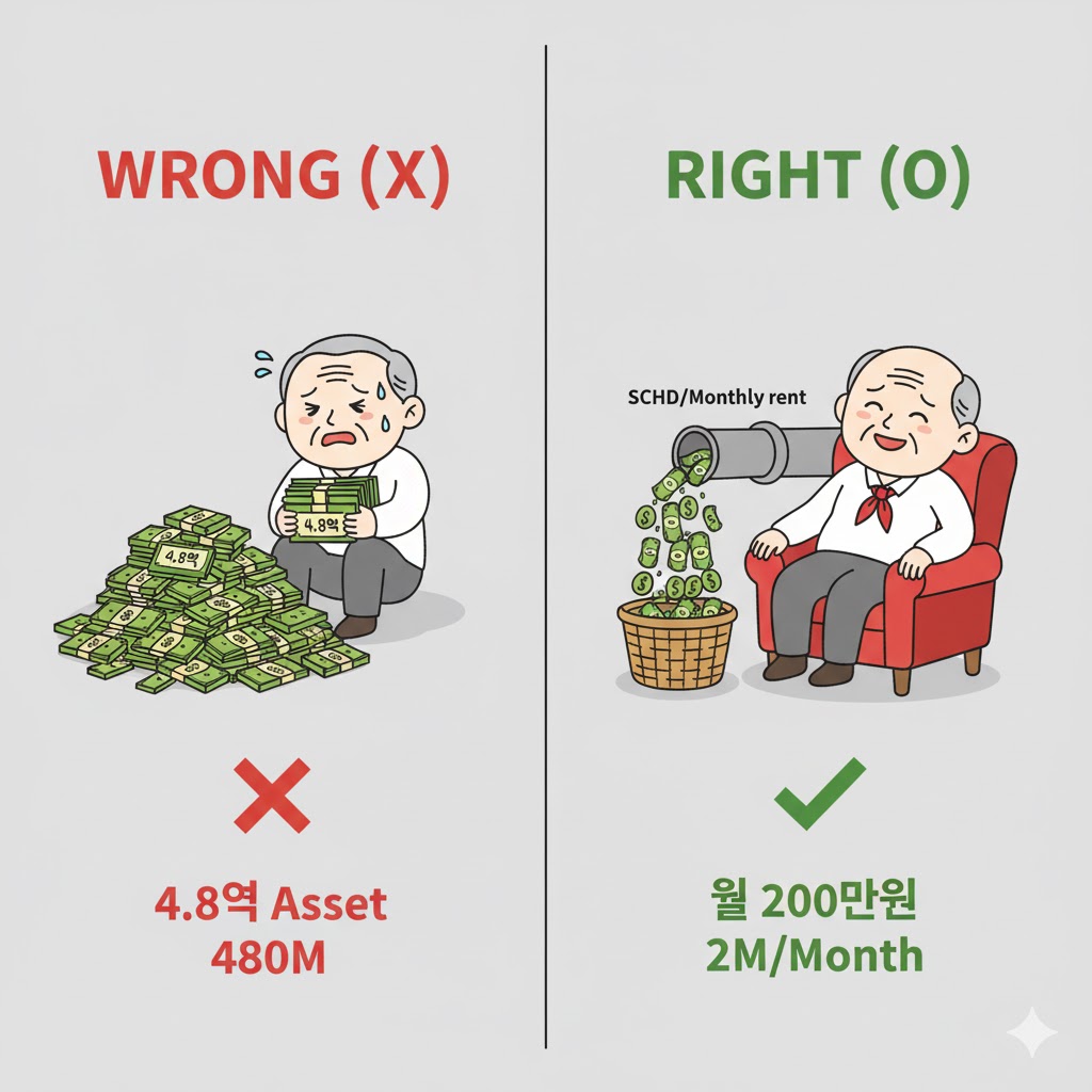 '65세'의 '빈이아빠'가 '4.8억 현금' 뭉치를 들고 불안해하는 모습(X) 대신, '월 200만원 배당/월세' 파이프라인에서 돈이 쏟아져 행복해하는 모습(O)