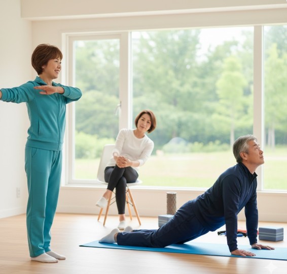 중년 남여가 유연성 운동을 하는 모습