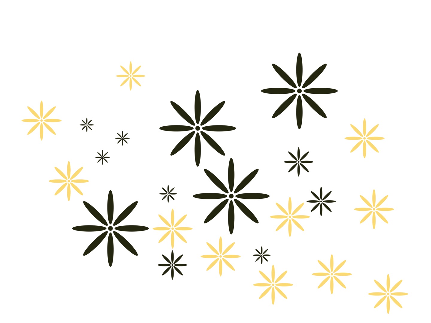 노란색과 짙은 올리브색 계열의 꽃모양 스탬프 브러쉬들이 화면 가득 흩뿌려진 모습. 각각의 스탬프는 동일한 형태지만 크기와 배치가 다양하게 조절되어 있어 리듬감 있게 구성됨. 브러쉬 특유의 반복성과 균일성이 돋보이며, 중심점에서 방사형으로 펼쳐지는 꽃잎 형태가 규칙적이고 깔끔함. 배경은 흰색으로 설정되어 있어 브러쉬 결과물이 더욱 또렷하게 부각됨. 브러쉬 커스터마이징 예시를 시각적으로 보여주는 대표적 결과 이미지