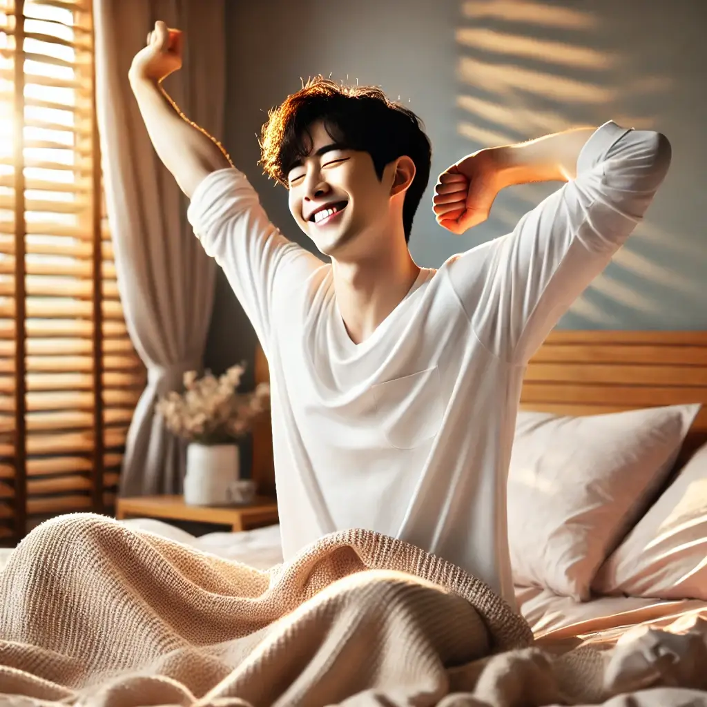 밤새 숙면을 취하고 편안하게 기지개 켜면서 일어나는 남자의 모습