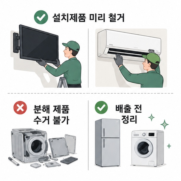 에어컨과 벽걸이 TV를 미리 철거하고 제품을 분해하지 않은 상태로 준비해야 하는 수거 전 주의사항 그림