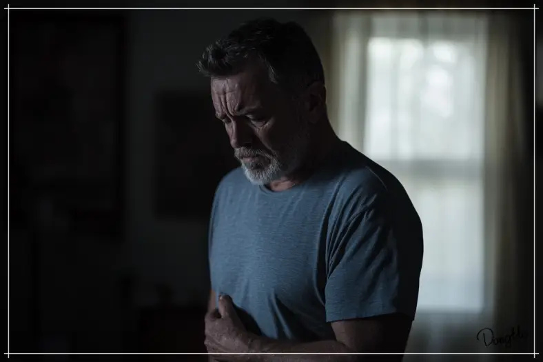 오른쪽-옆구리-통증-증상-중에-윗배가-아파서-윗배를-손으로-잡고-아파하는-모습