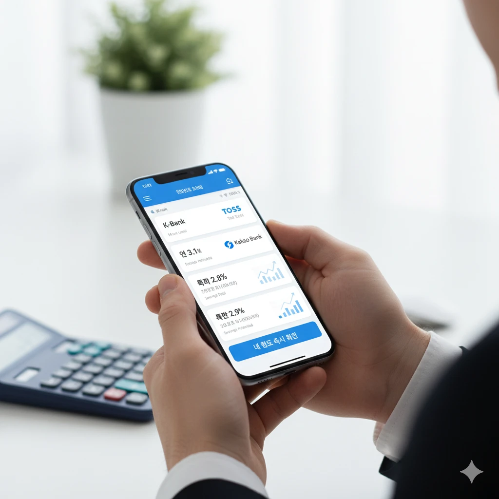 모바일 뱅킹 앱으로 여러 은행의 신용대출 상품과 금리를 비교하는 사람의 모습.