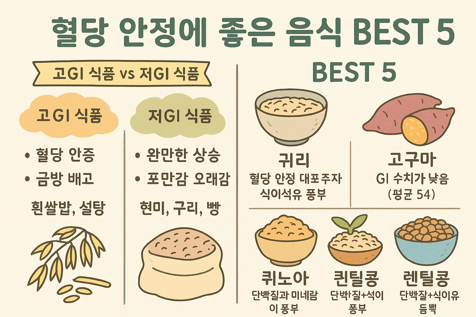 혈당 안정에 좋은 음식 BEST 5 – 저GI 식품으로 건강 챙기기