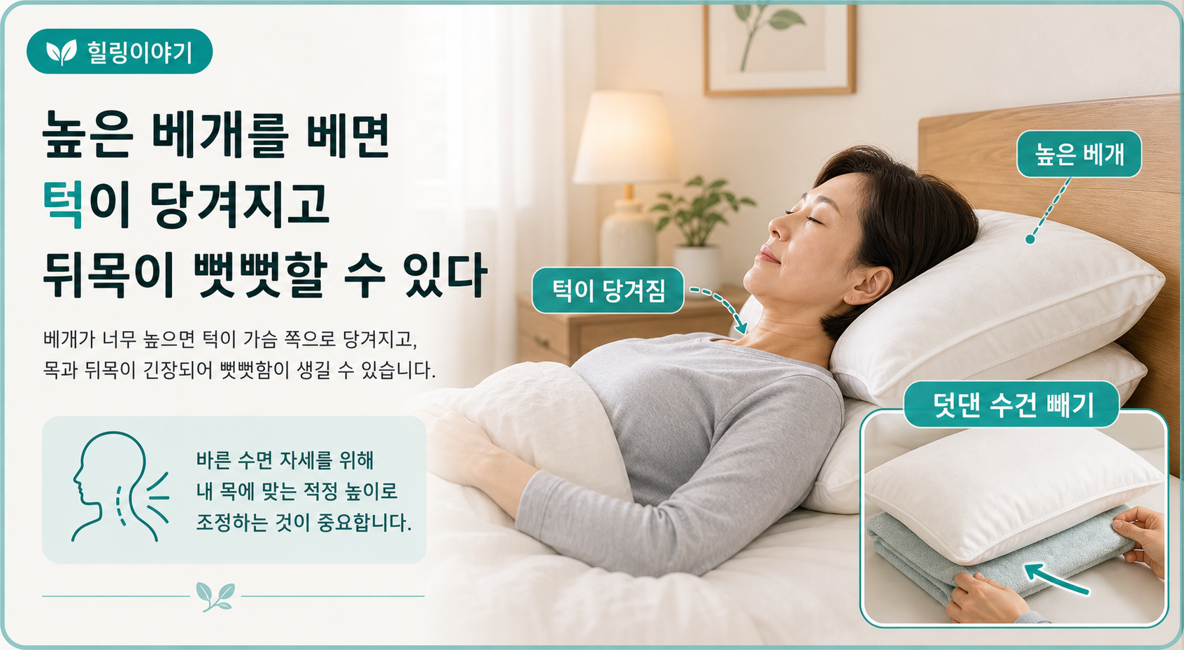 높은 베개를 베면 턱이 당겨지고 뒤목이 뻣뻣해질 수 있음을 보여주는 침실 이미지