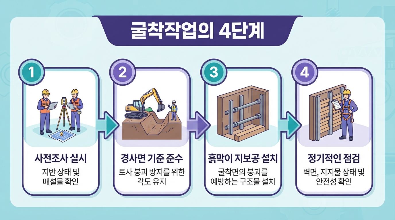 굴착작업 4단계 안전관리 프로세스를 보여주는 인포그래픽