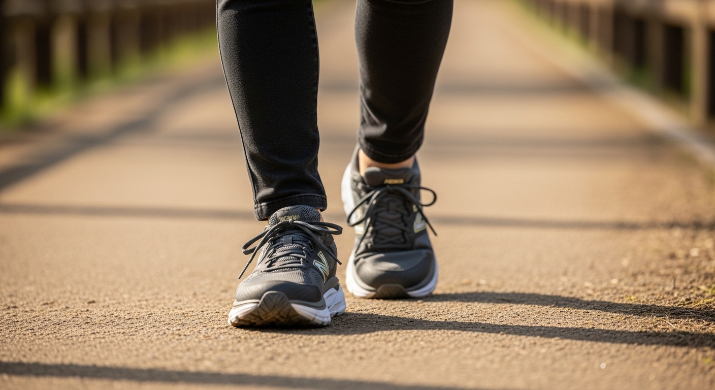편안한 운동화를 신고 공원 길을 걷는 한국 여성의 발.