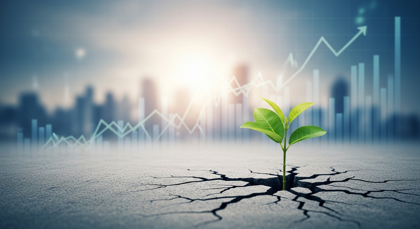 경제 위기 속에서도 장기적인 관점에서 새로운 성장과 회복의 기회를 상징하는 푸른 새싹 이미지.