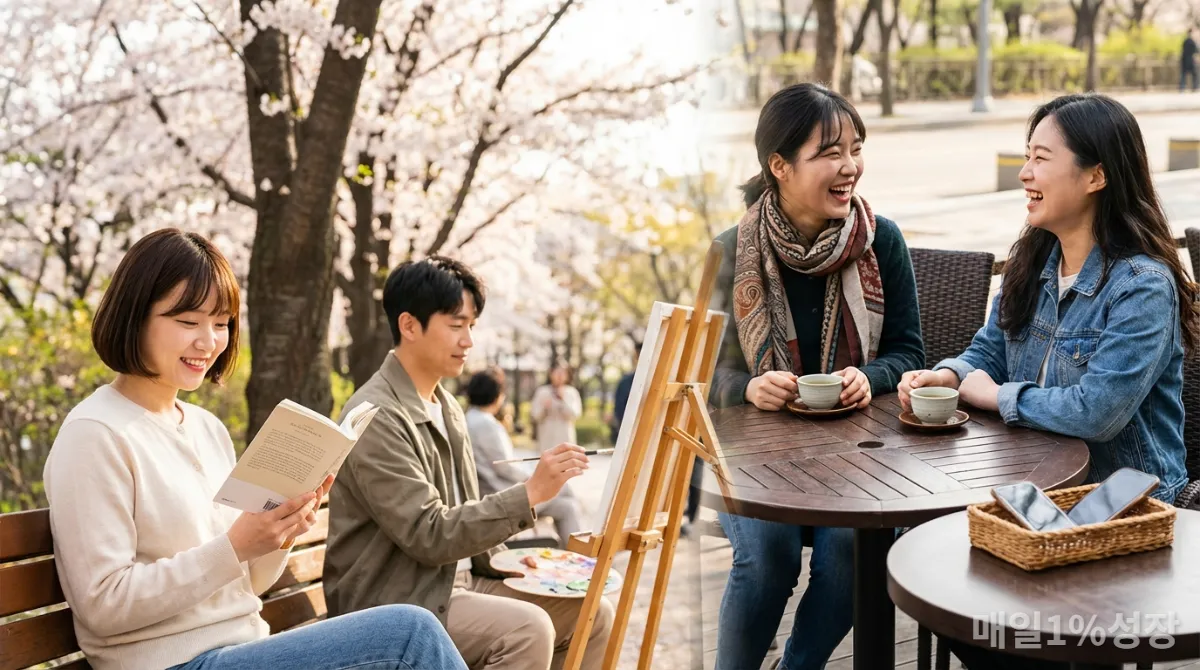 디지털에서 벗어나 독서, 취미, 대화를 즐기는 한국인들의 행복한 모습
