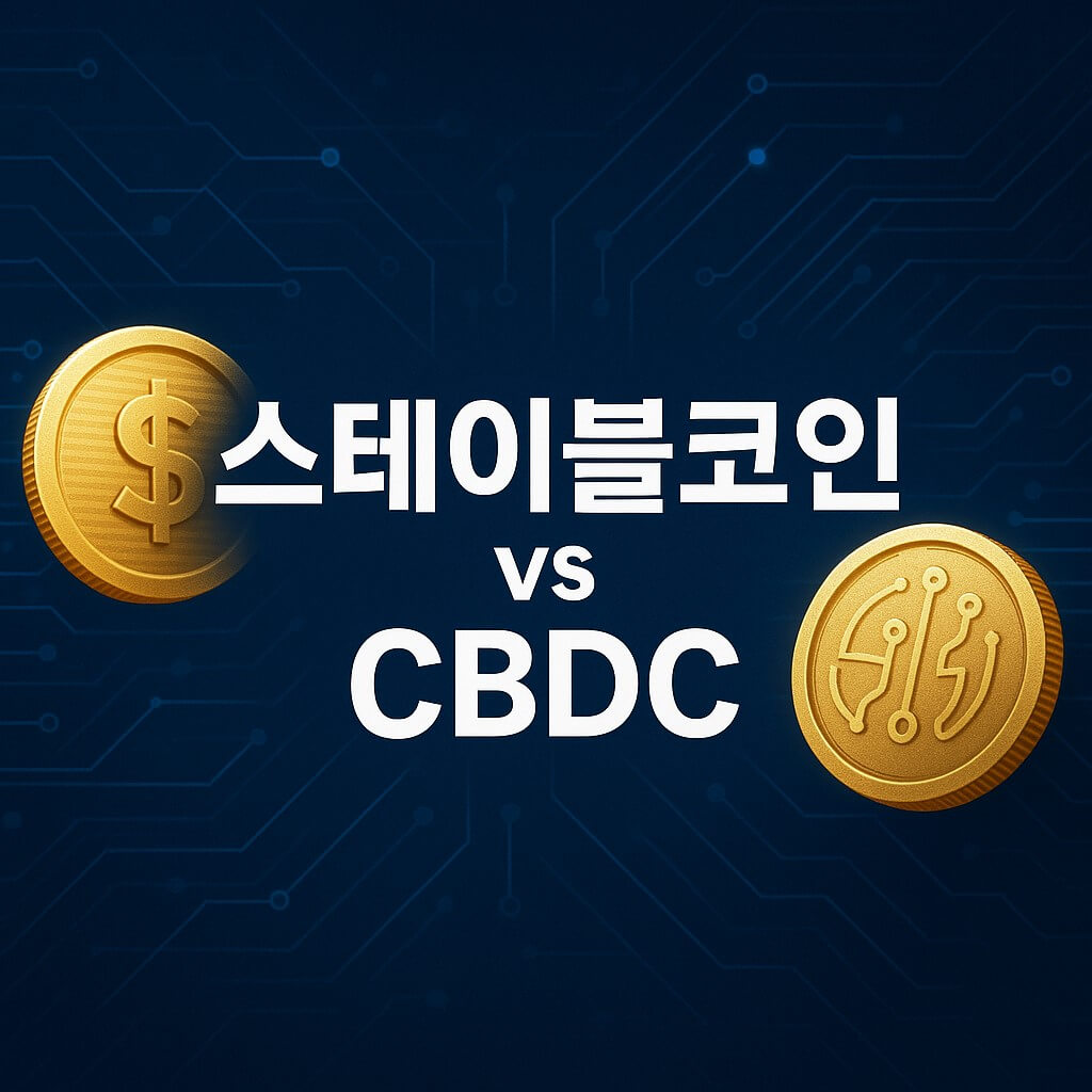 스테이블코인과 중앙은행 디지털화폐(CBDC)를 비교하는 실제 동전 이미지