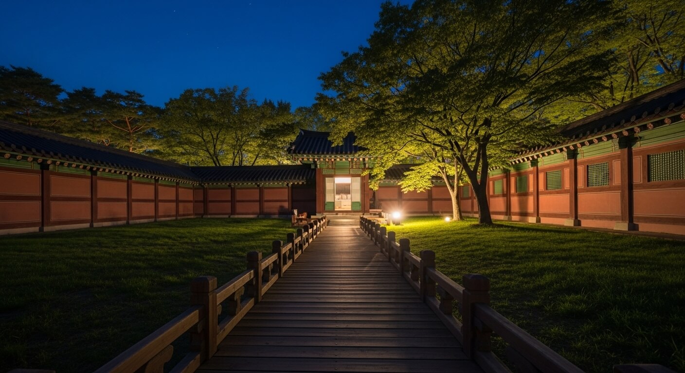 궁궐 담장과 연결된 나무길의 야간 풍경