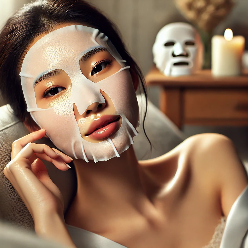 부드러운 조명&amp;#44; 클로즈업 인물 사진&amp;#44; 시트 마스크를 착용한 여성&amp;#44; 편안한 분위기&amp;#44; 따뜻한 톤&amp;#44; 고요한 표정&amp;#44; 스파 트리트먼트&amp;#44; 뷰티 및 스킨케어&amp;#44; 우아한 세팅&amp;#44; 배경 양초&amp;#44; 아늑한 분위기&amp;#44; 스파 휴식&amp;#44; 디테일한 피부 질감&amp;#44; 미묘한 메이크업&amp;#44; 차분한 환경