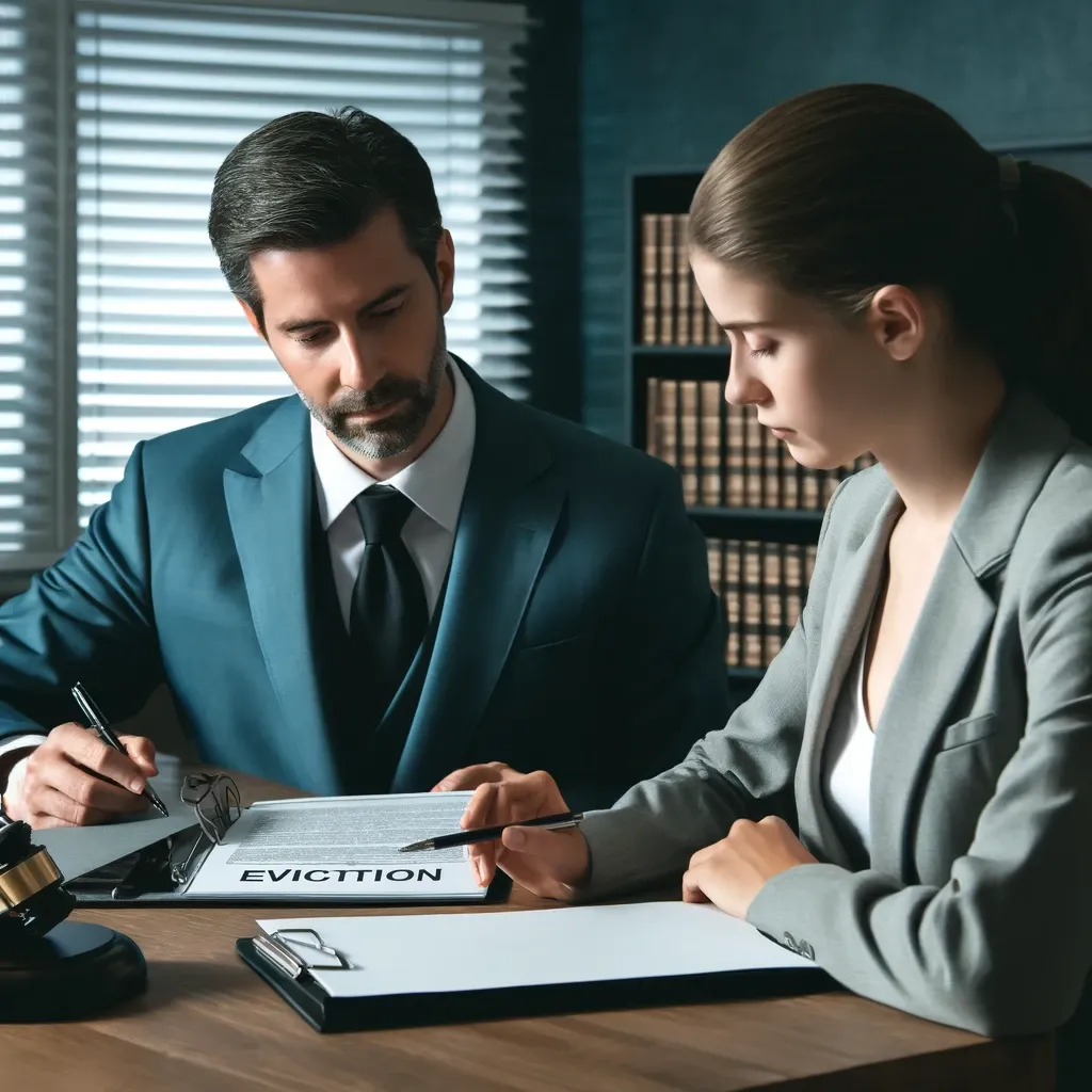 명도소송 문제로 변호사와 상담 중인 클라이언트와 법률 서류