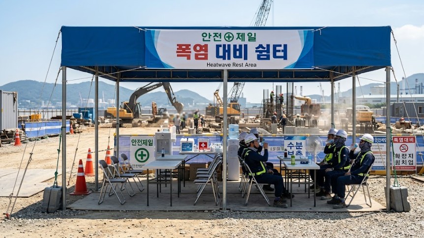 직사광선이 내리쬐는 건설 현장 옆에 안전하게 설치된 대형 그늘막과 간이 의자들이 있는 풍경