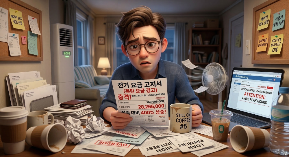 전기요금 폭탄맞는 모습을 표현한 캐릭터 이미지