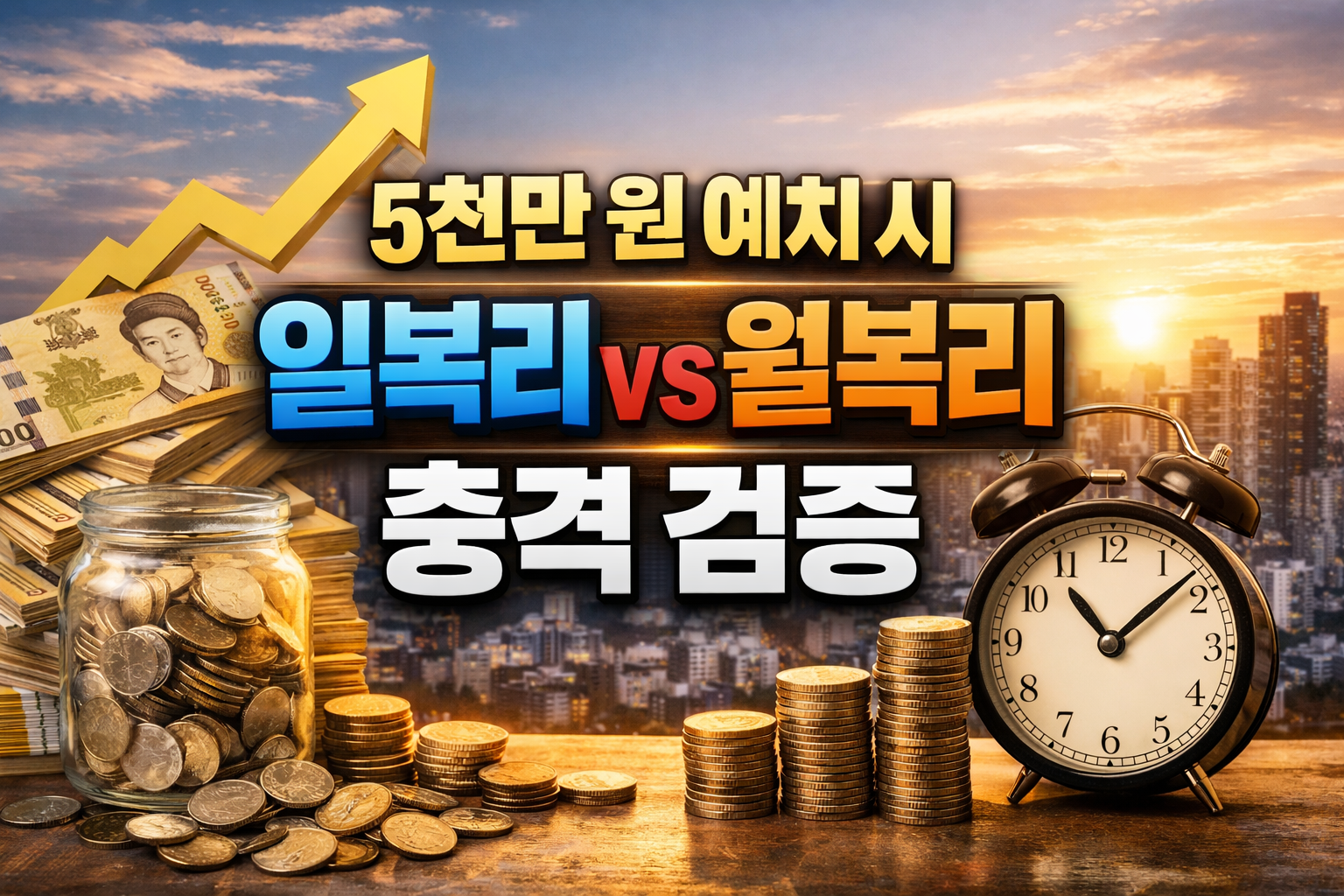 상승 화살표와 현금 다발, 동전 더미, 알람시계 배경에 &lsquo;5천만 원 예치 시 일복리 vs 월복리 충격 검증&rsquo; 문구가 있는 썸네일 이미지