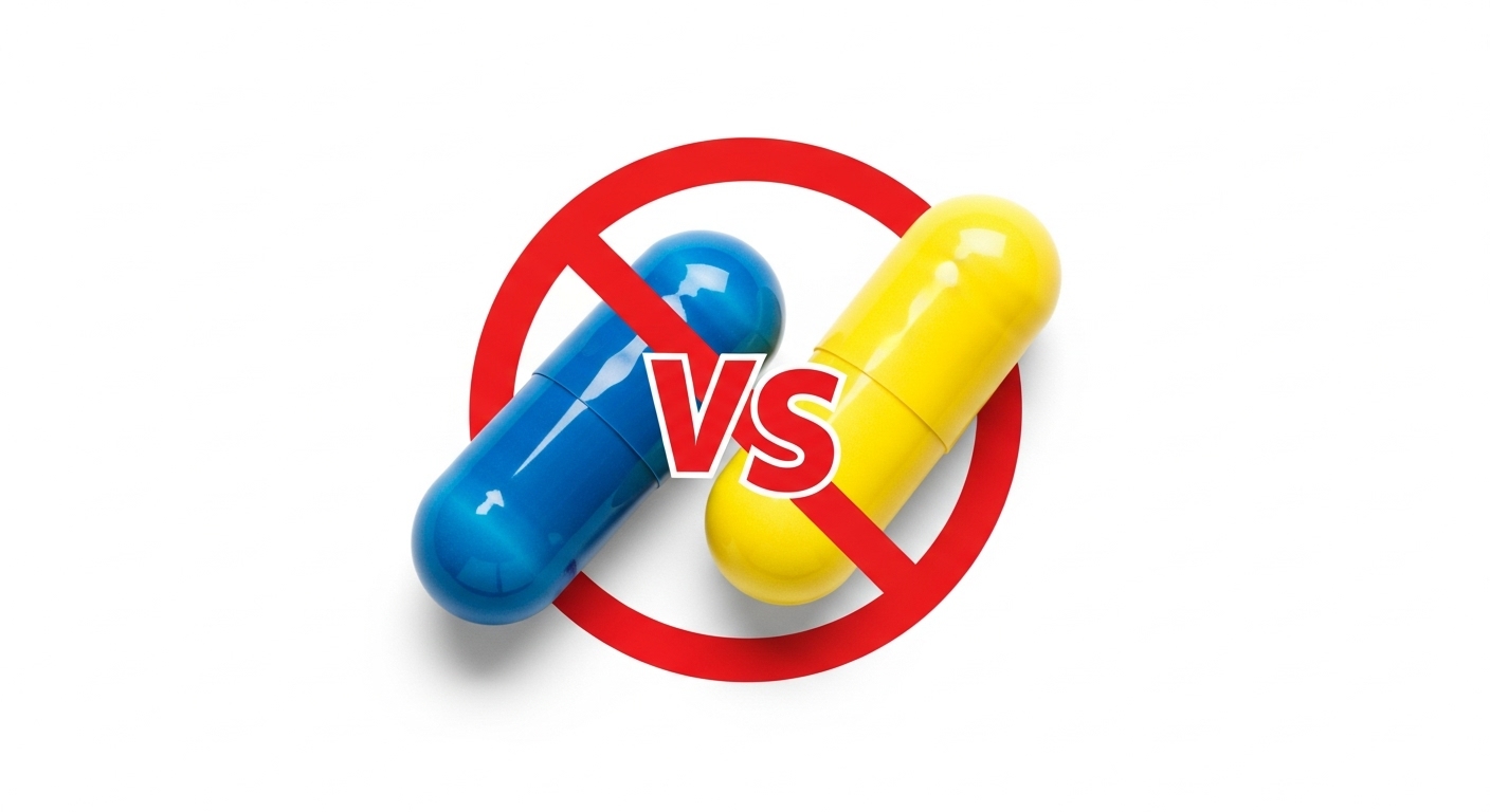 서로 상극인 영양제 조합을 금지하는 경고 아이콘