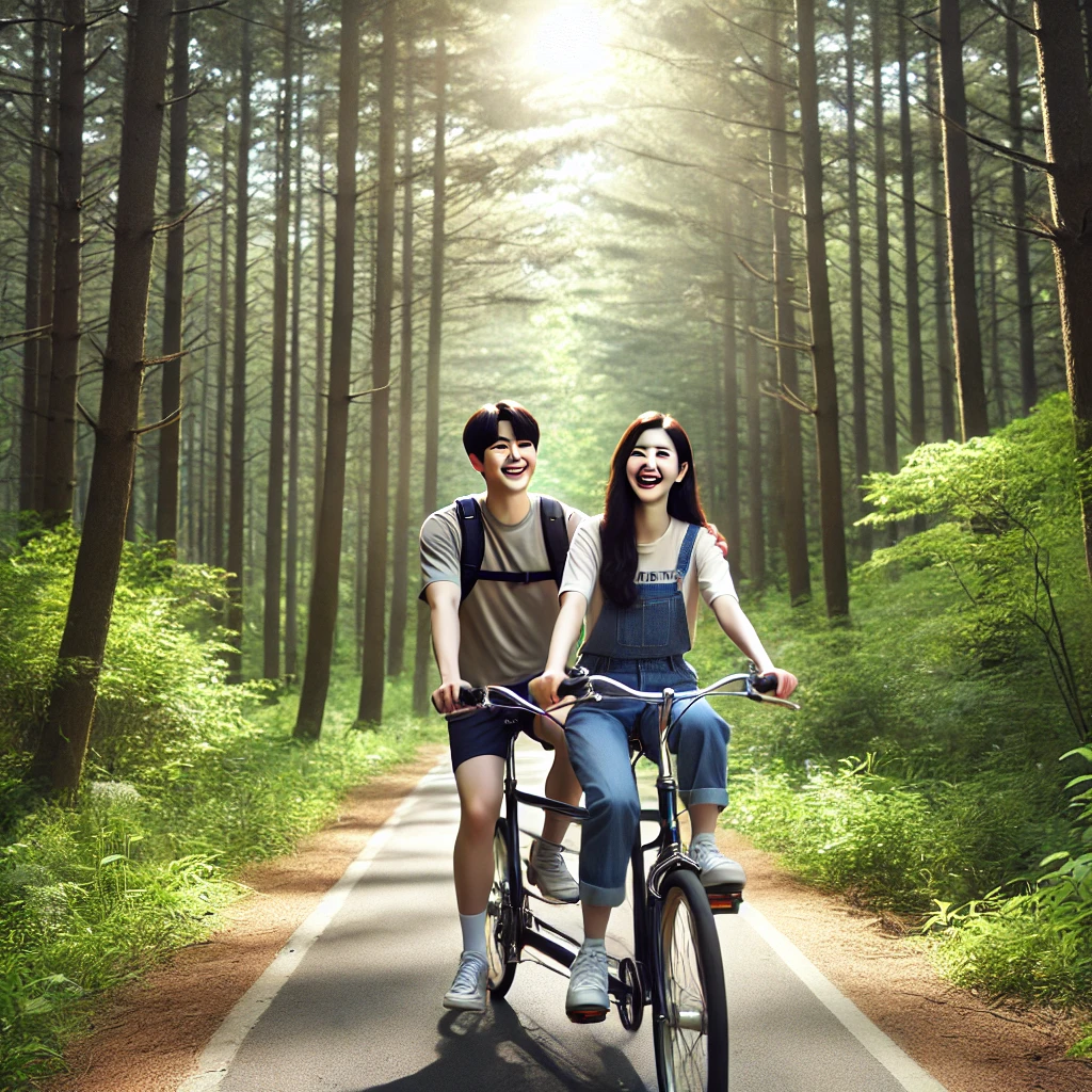 숲길에서 함께 탠덤 자전거를 타며 즐거워하는 젊은 커플