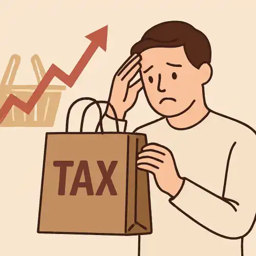 소비세 부담에 걱정하는 남성이 'TAX'라고 적힌 쇼핑백을 들고 있는 모습