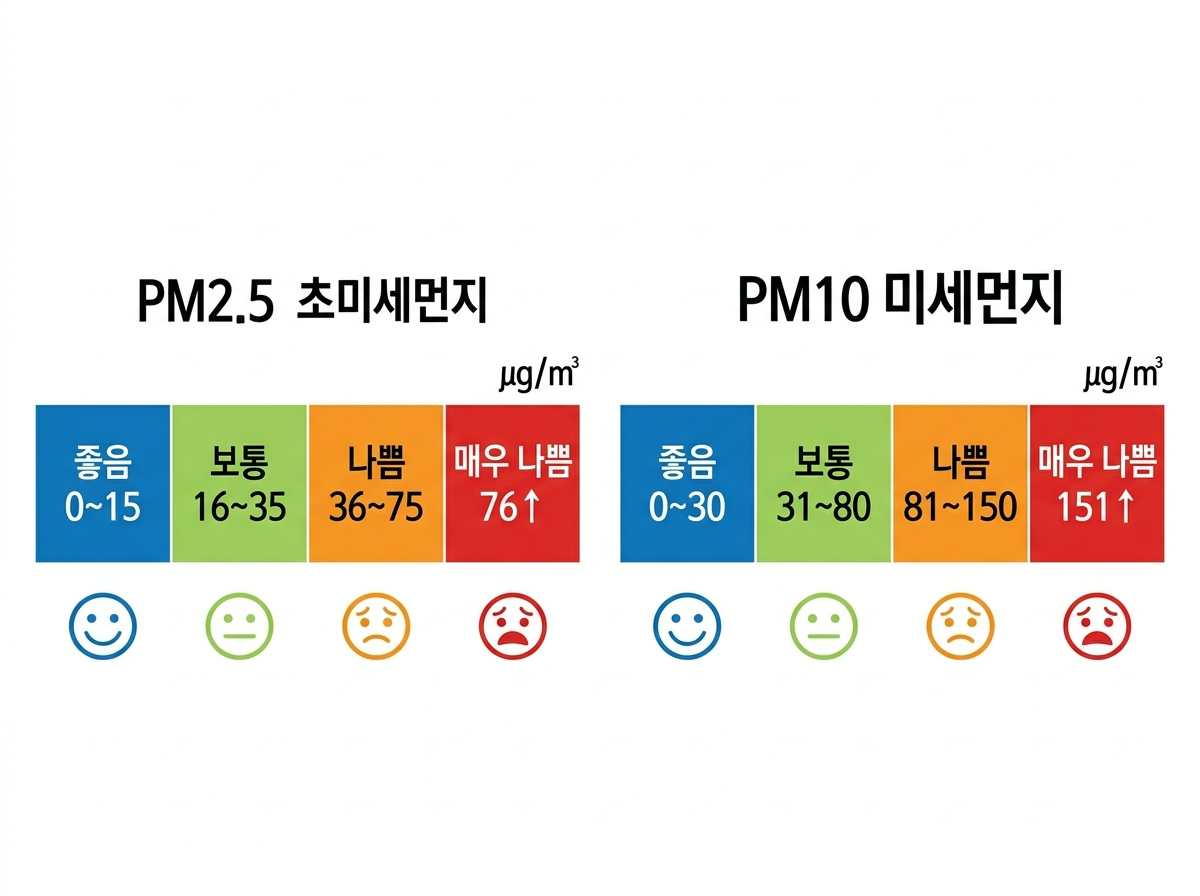 미세먼지 수치 기준, PM2.5 농도 단계, PM10 기준표, 초미세먼지 나쁨 기준, 미세먼지 등급
