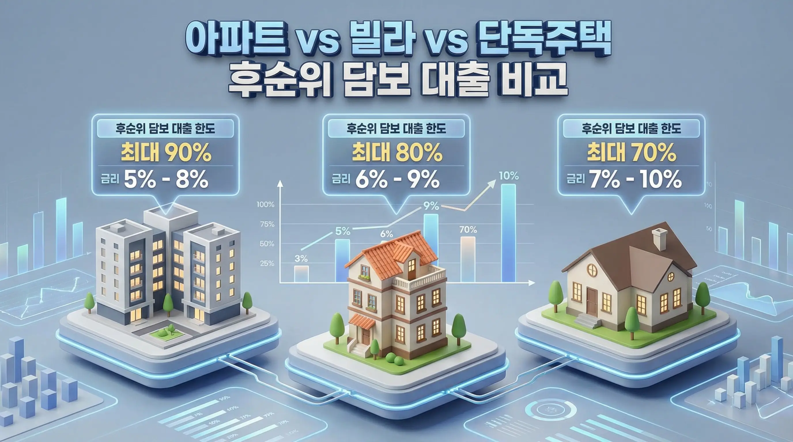 아파트와 빌라, 단독주택의 후순위 담보 대출 한도와 금리 조건을 비교하는 3D 인포그래픽