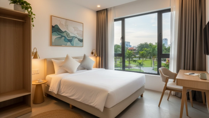 다낭 부티크 호텔의 아늑하고 깔끔한 개인실, 혼자 여행객에게 적합한 편안한 분위기
