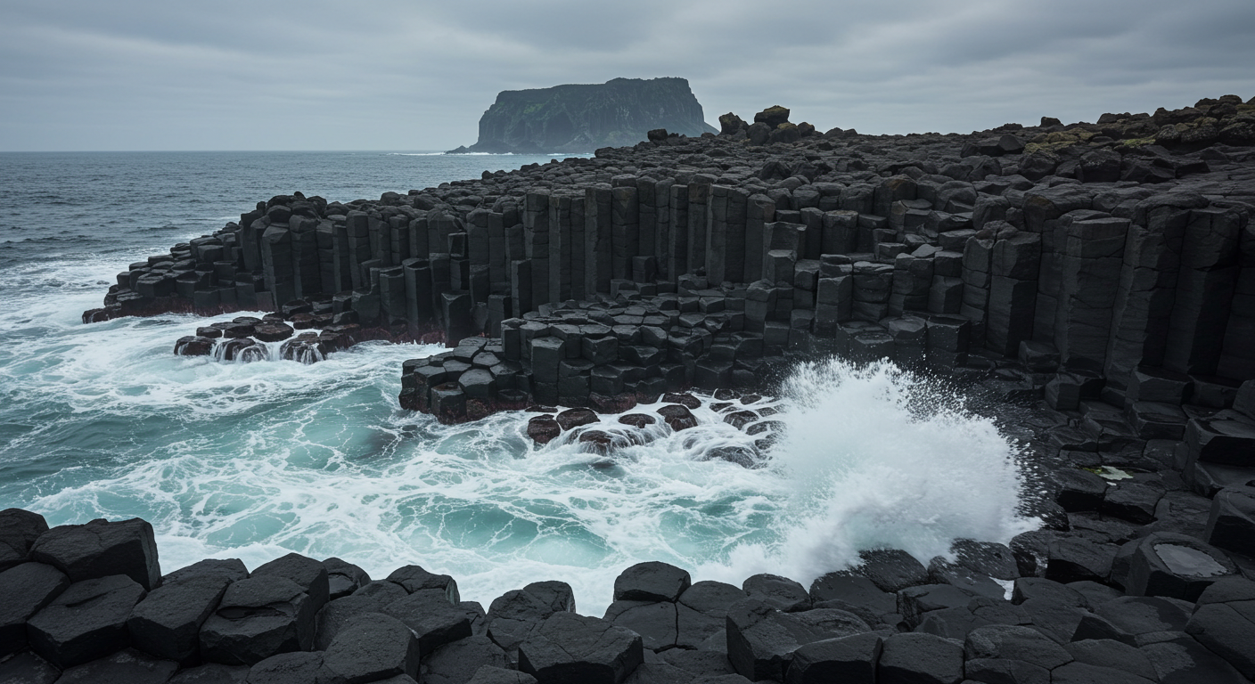 파도가 부딪히는 제주 주상절리대의 육각형 바위 기둥