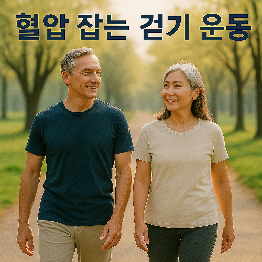 공원에서 함께 걷는 60대 부부와 혈압 잡는 걷기 운동 문구