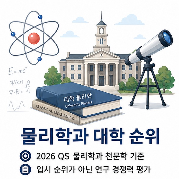 원자와 망원경, 대학 건물을 함께 표현해 물리학과 대학 순위는 물리학과 천문학 분야의 연구 경쟁력을 기준으로 비교할 수 있음을 보여 주는 그림