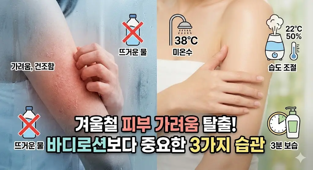 겨울철 피부 건조증과 가려움을 해결하는 3가지 습관(미온수 샤워, 실내 습도 조절, 3분 보습)을 비교 설명한 블로그 썸네일