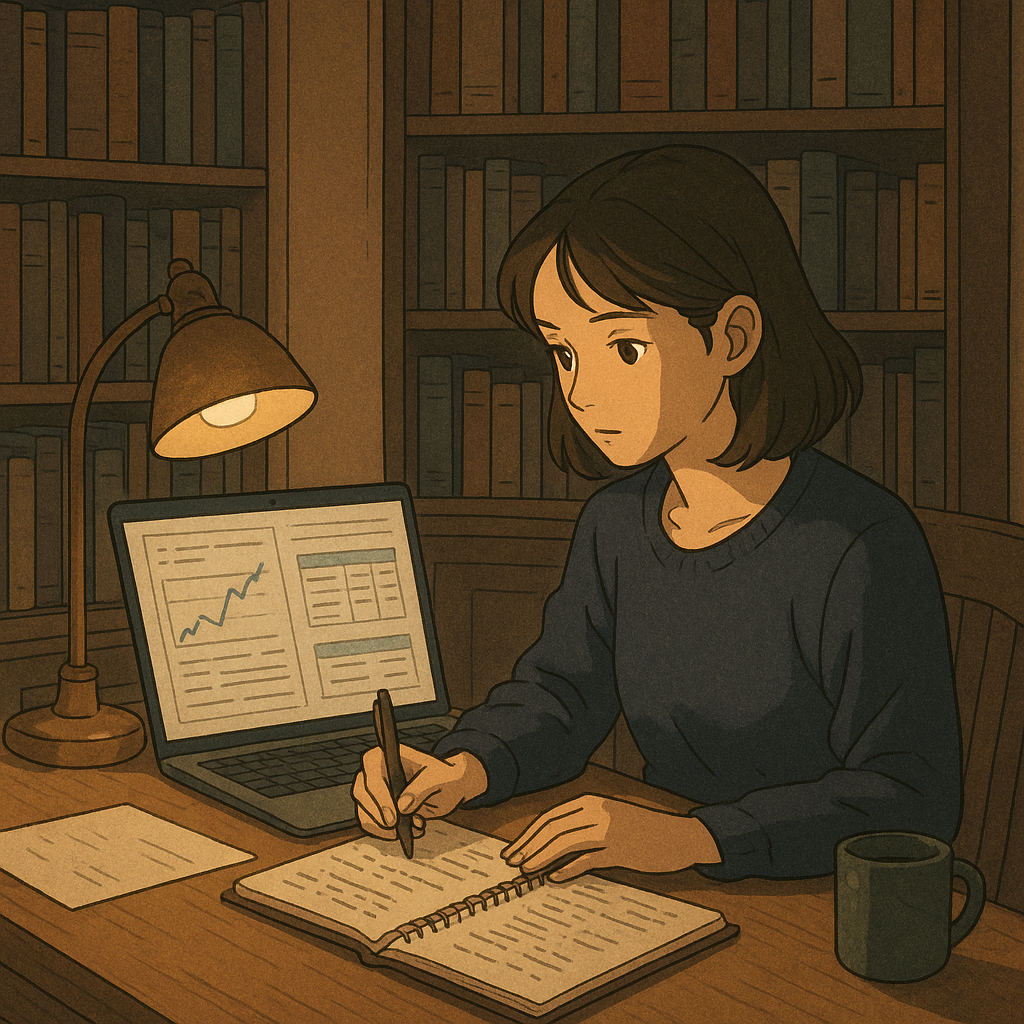 &ldquo;조용한 서재에서 밤늦게 포트폴리오를 설계하며 투자 전략을 세우는 여성 &ndash; 구조적 자산 운용의 상징&rdquo;