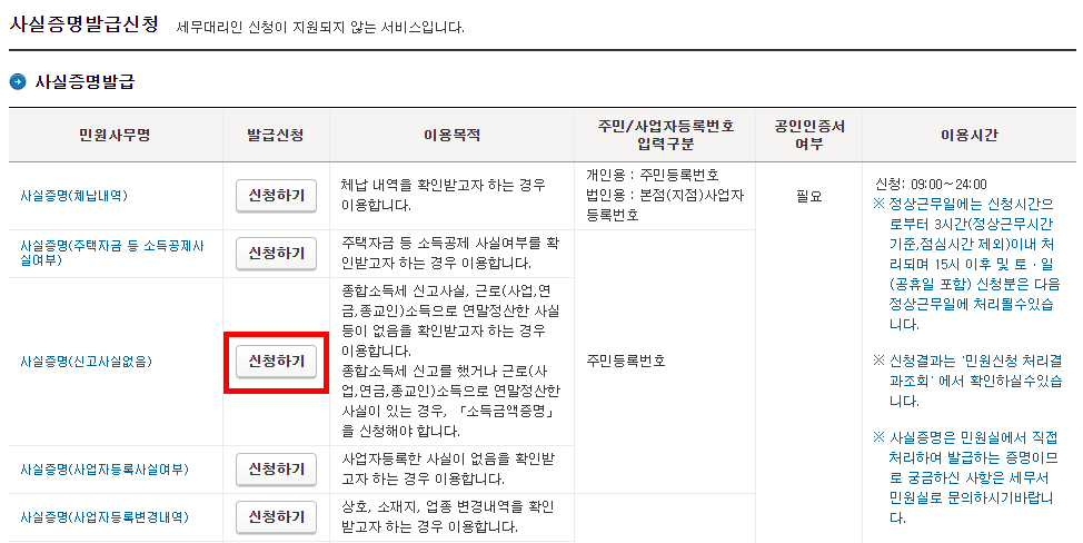 소득없음 신고버튼