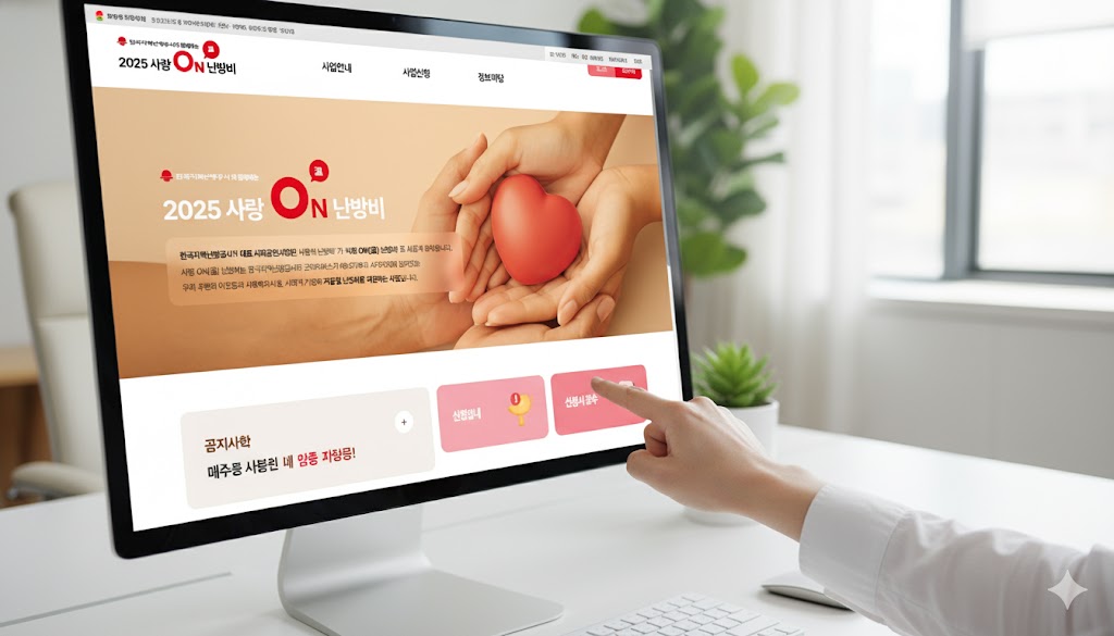 PC 화면에서 '사랑온' 공식 사이트에 접속해 '신청서 접수' 버튼을 클릭하는 손가락 이미지